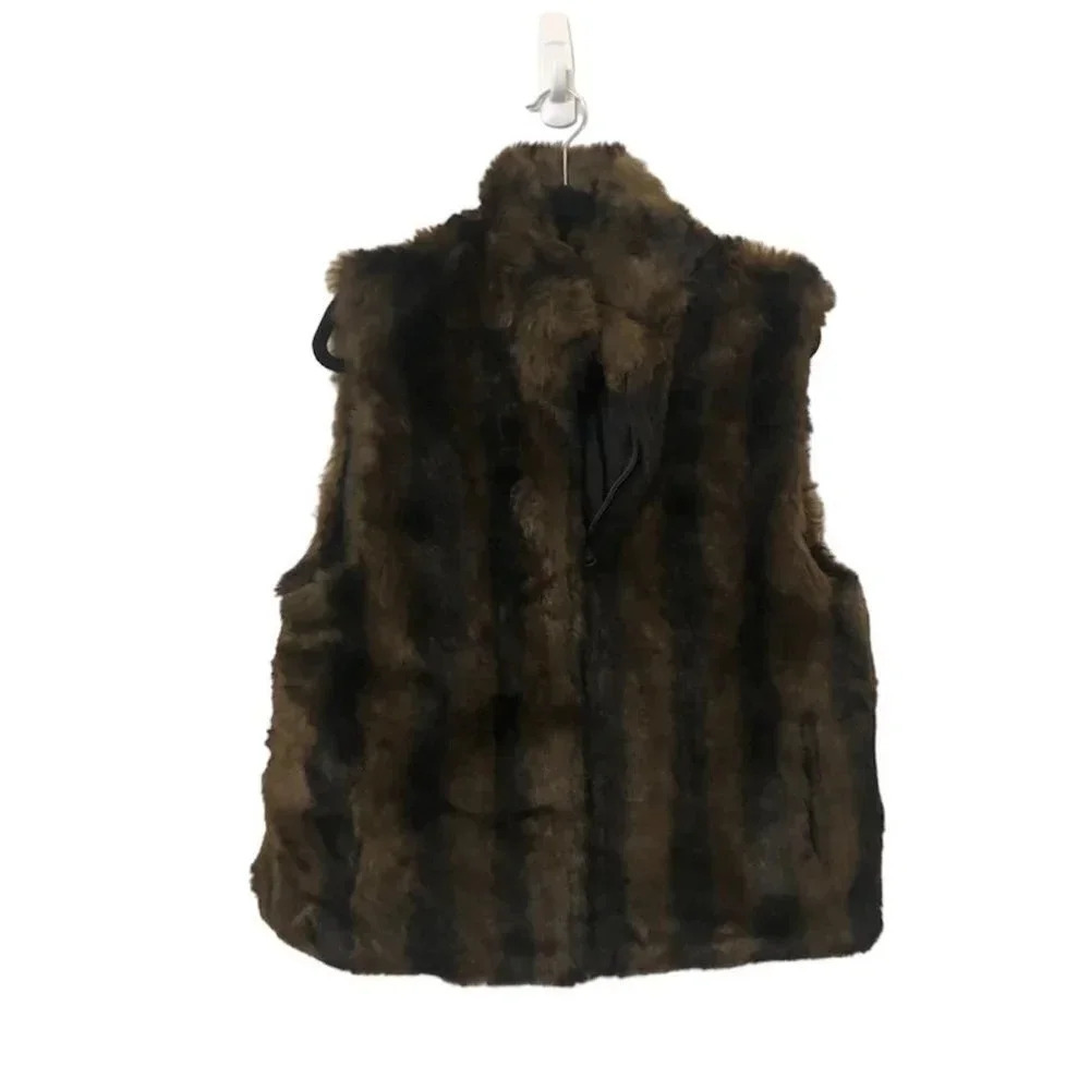 Coaco Reversible Faux Fur Zip Up Black and Brown Striped Vest Size Large GUC